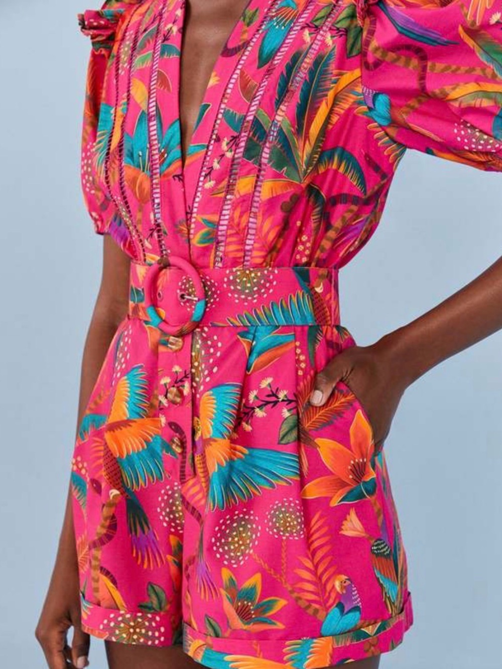 FARM RIO Bright Pink Tropical-Print One-Piece Romper with Belt - Picture 2 of 6